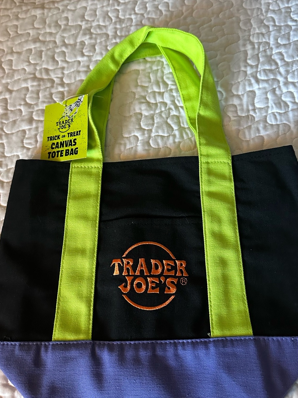 Trader Joe's Black mini Canvas Tote with Lime Green Handles and Purple Base